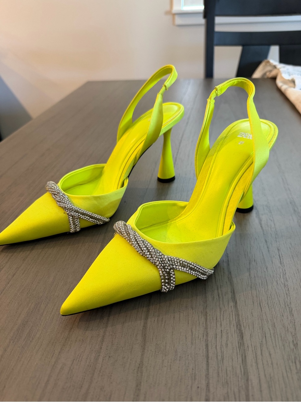 Zara Neon Yellow Slingback Pointed Heels with Crystal Strap